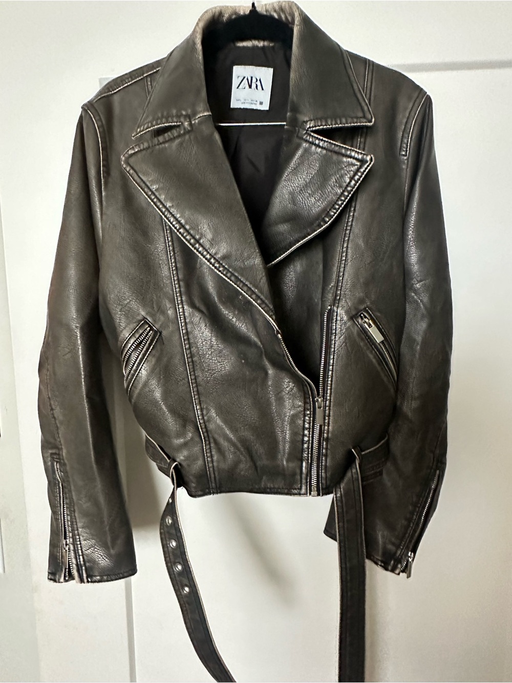 ZARA Women’s Dark Brown Leather Biker Jacket with Belt